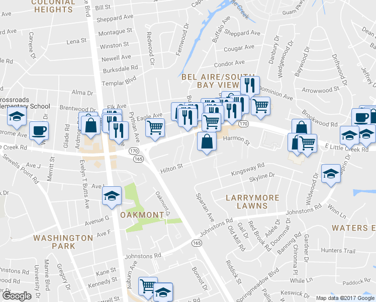 map of restaurants, bars, coffee shops, grocery stores, and more near 7813 Caribou Ave in Norfolk