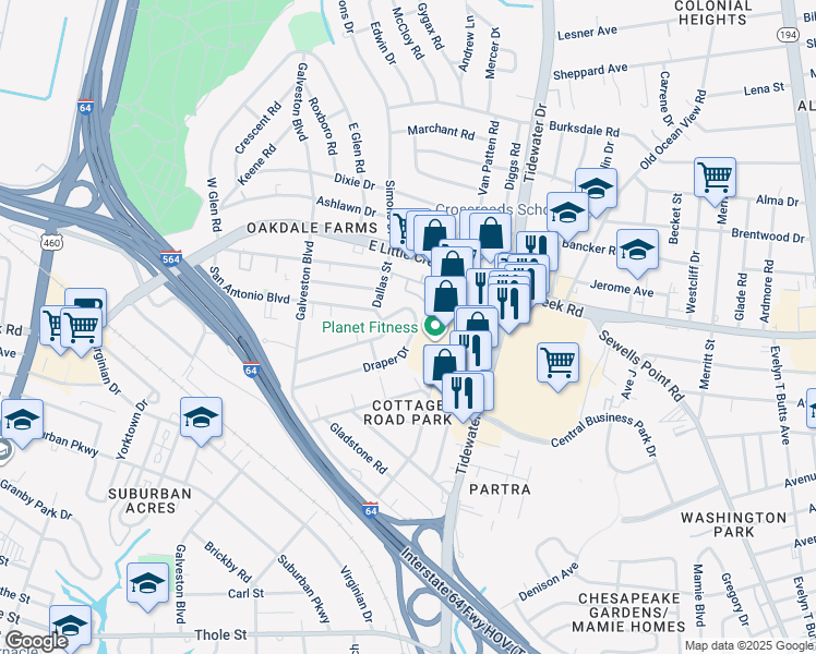 map of restaurants, bars, coffee shops, grocery stores, and more near 520 Draper Drive in Norfolk
