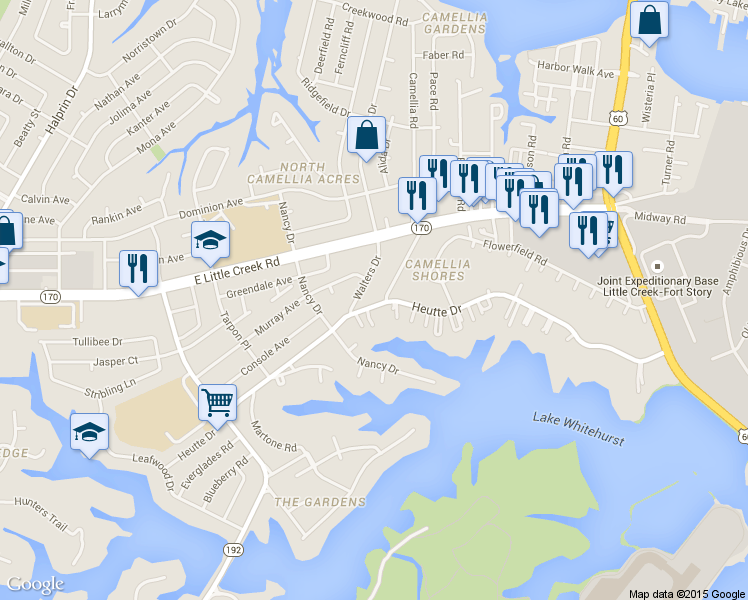 map of restaurants, bars, coffee shops, grocery stores, and more near 7801 Camellia Rd in Norfolk