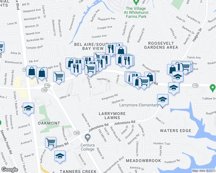 map of restaurants, bars, coffee shops, grocery stores, and more near 1703 Harmon Street in Norfolk