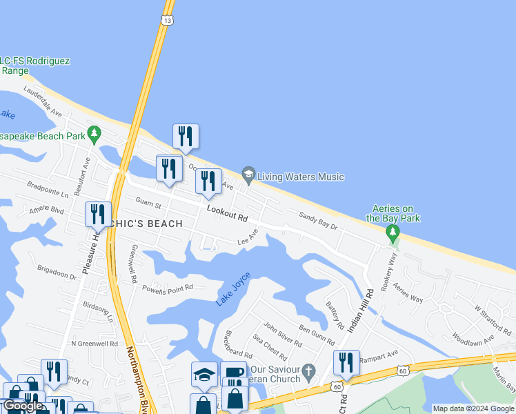 map of restaurants, bars, coffee shops, grocery stores, and more near 4429 Ocean View Avenue in Virginia Beach