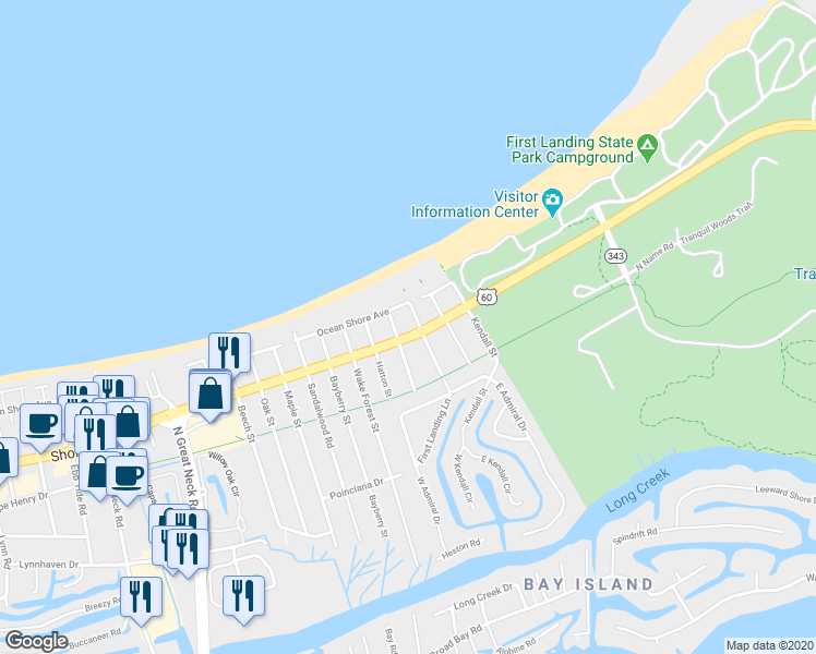map of restaurants, bars, coffee shops, grocery stores, and more near 2305 First Landing Lane in Virginia Beach