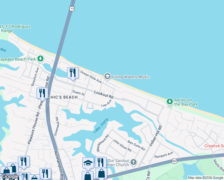 map of restaurants, bars, coffee shops, grocery stores, and more near 4429 Ocean View Avenue in Virginia Beach