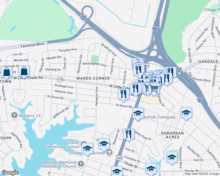 map of restaurants, bars, coffee shops, grocery stores, and more near 311 West Little Creek Road in Norfolk