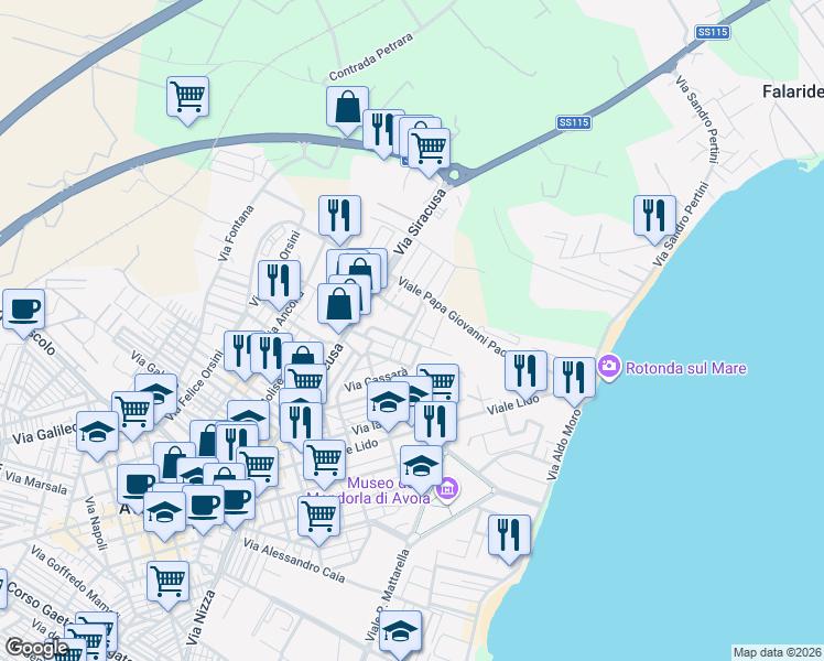 map of restaurants, bars, coffee shops, grocery stores, and more near 6 Via Mons. Giuseppe Vizzini in Avola