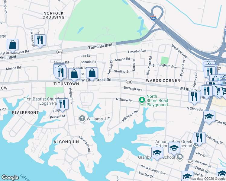 map of restaurants, bars, coffee shops, grocery stores, and more near 608 Maycox Avenue in Norfolk