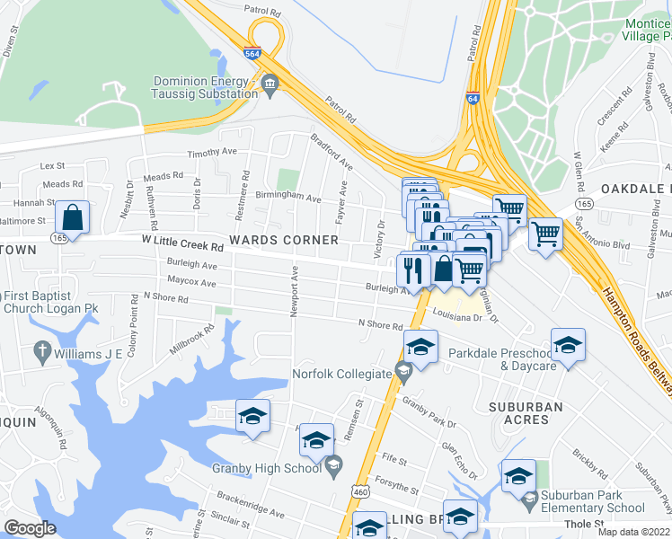 map of restaurants, bars, coffee shops, grocery stores, and more near 311 West Little Creek Road in Norfolk