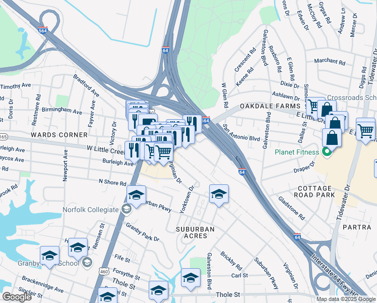 map of restaurants, bars, coffee shops, grocery stores, and more near 217 Virginia 165 in Norfolk