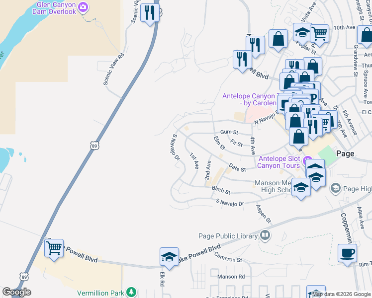 map of restaurants, bars, coffee shops, grocery stores, and more near 30 1st Avenue in Page