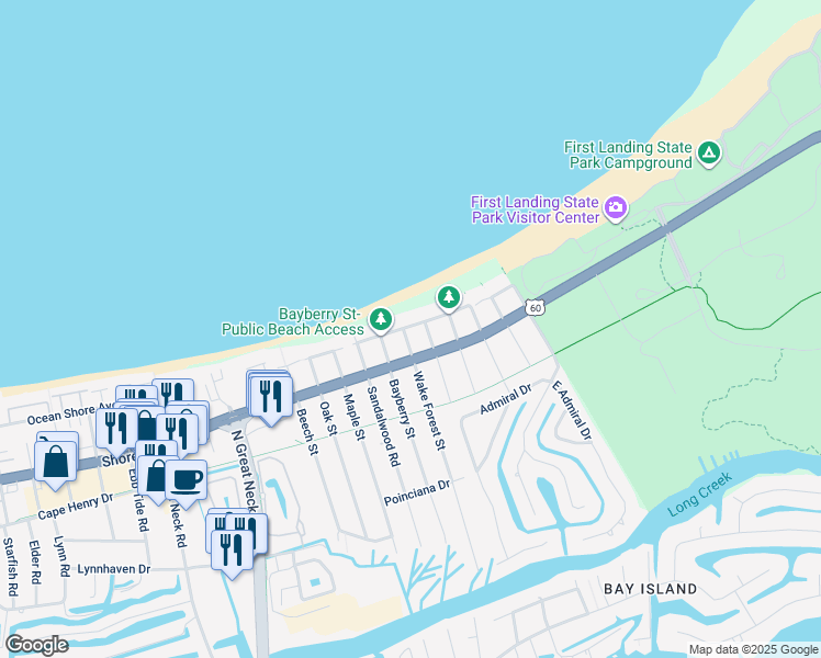 map of restaurants, bars, coffee shops, grocery stores, and more near 2653 Ocean Shore Avenue in Virginia Beach