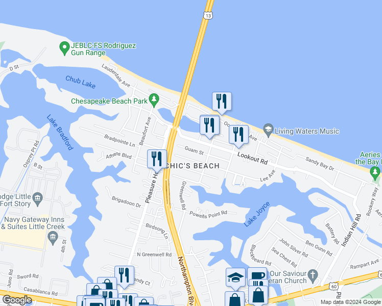 map of restaurants, bars, coffee shops, grocery stores, and more near 4629 Guam Street in Virginia Beach