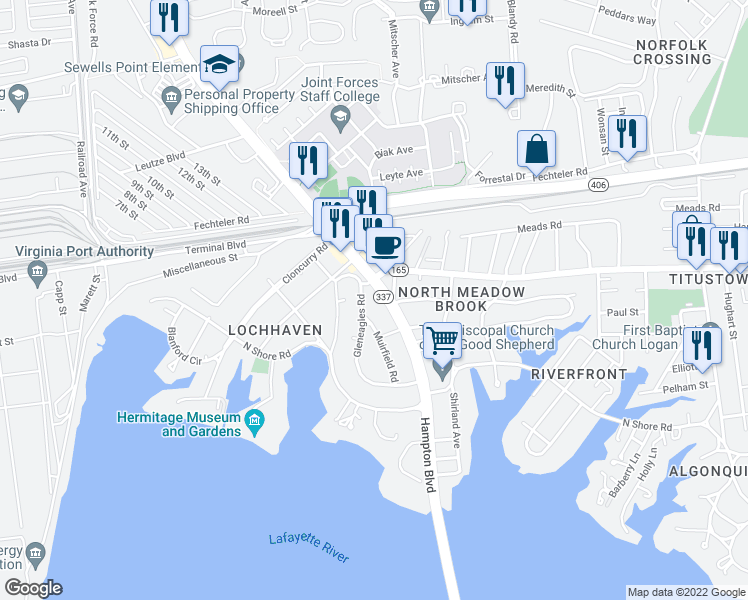 map of restaurants, bars, coffee shops, grocery stores, and more near 7459 Hampton Boulevard in Norfolk