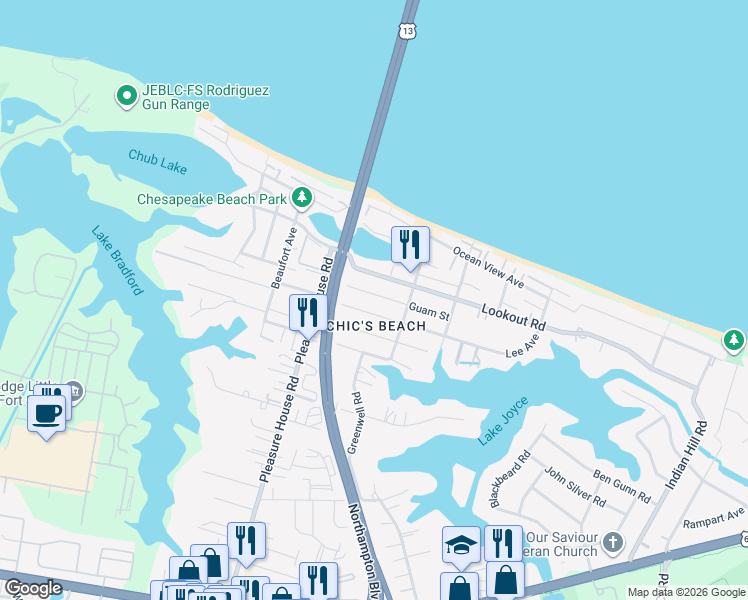 map of restaurants, bars, coffee shops, grocery stores, and more near 4629 Guam Street in Virginia Beach