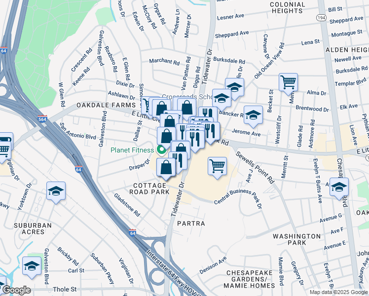 map of restaurants, bars, coffee shops, grocery stores, and more near 1429 Hambledon Loop in Norfolk