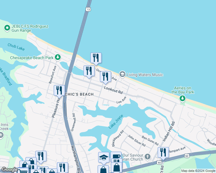 map of restaurants, bars, coffee shops, grocery stores, and more near 4492 Lookout Road in Virginia Beach