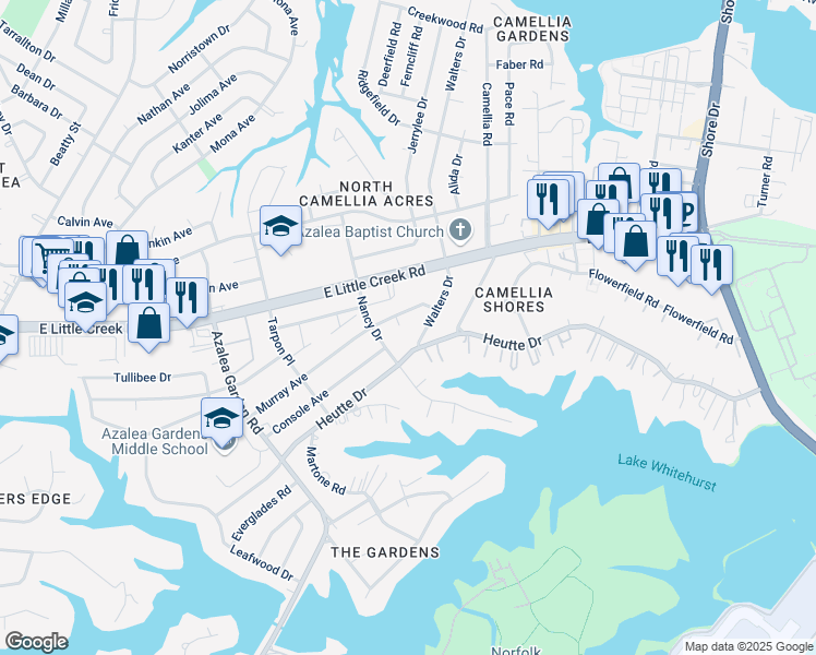 map of restaurants, bars, coffee shops, grocery stores, and more near 2937 Murray Court in Norfolk