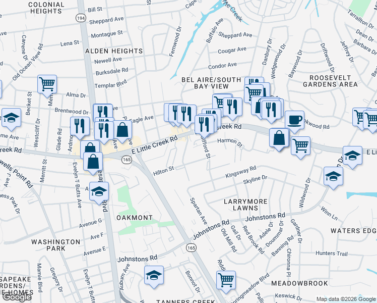 map of restaurants, bars, coffee shops, grocery stores, and more near 7813 Caribou Avenue in Norfolk