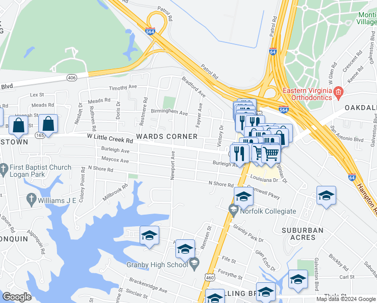 map of restaurants, bars, coffee shops, grocery stores, and more near 311 West Little Creek Road in Norfolk