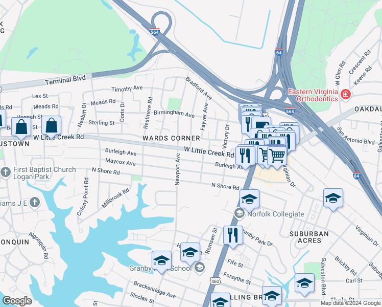 map of restaurants, bars, coffee shops, grocery stores, and more near 311 West Little Creek Road in Norfolk