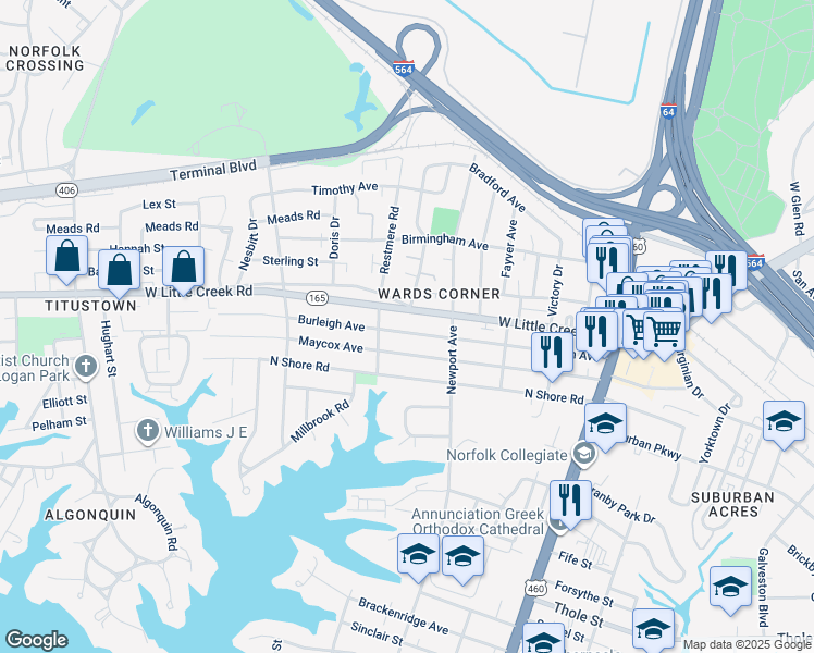 map of restaurants, bars, coffee shops, grocery stores, and more near 414 Burleigh Avenue in Norfolk