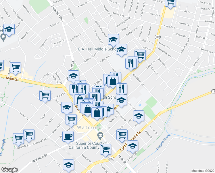 map of restaurants, bars, coffee shops, grocery stores, and more near 18 Jefferson Street in Watsonville