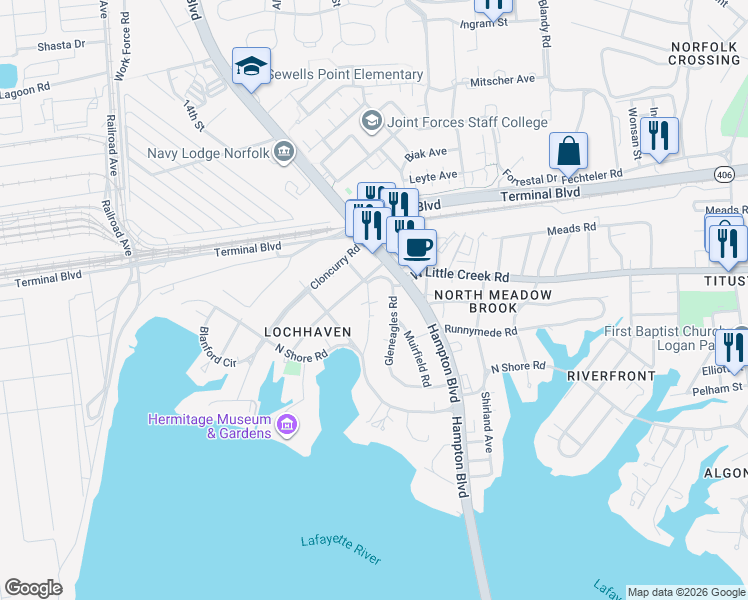 map of restaurants, bars, coffee shops, grocery stores, and more near 7650 Maury Arch in Norfolk