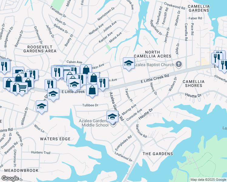 map of restaurants, bars, coffee shops, grocery stores, and more near 2501 East Little Creek Road in Norfolk