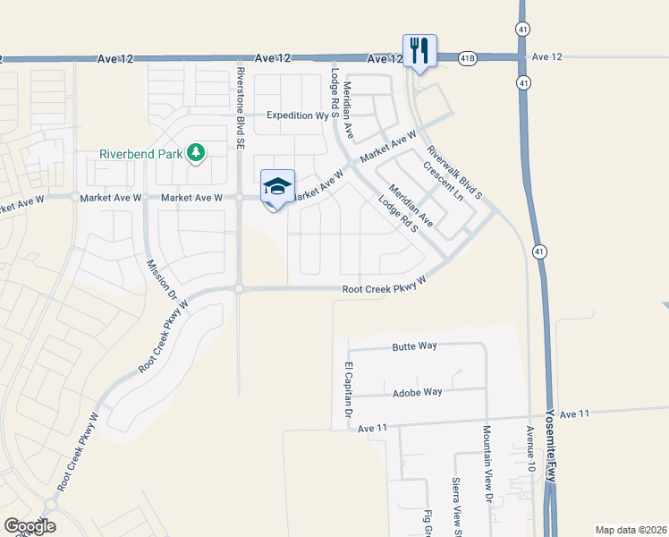 map of restaurants, bars, coffee shops, grocery stores, and more near 730 Forester Lane South in Madera