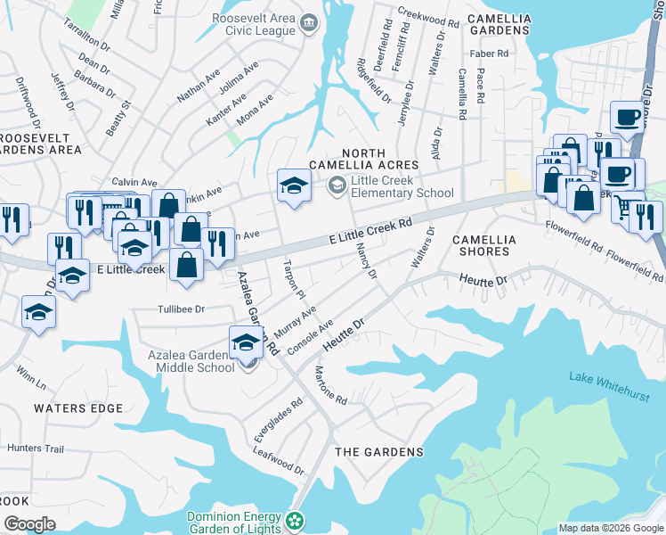 map of restaurants, bars, coffee shops, grocery stores, and more near 2741 Greendale Avenue in Norfolk