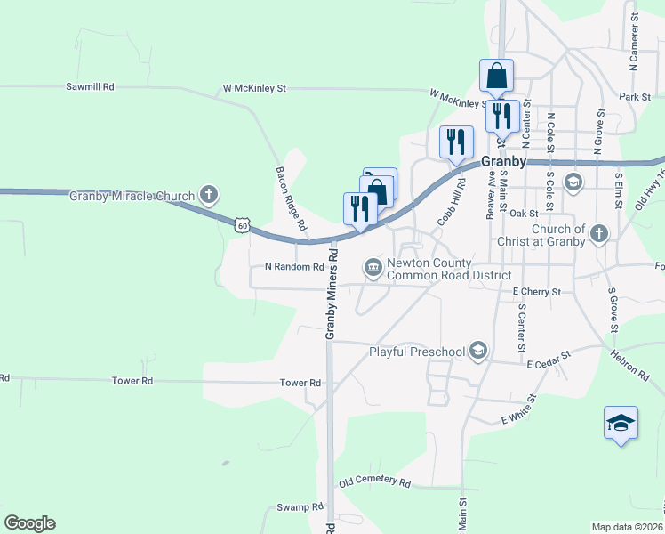 map of restaurants, bars, coffee shops, grocery stores, and more near 600 North Random Road in Granby
