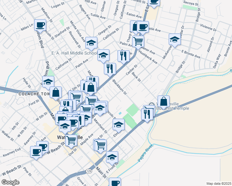 map of restaurants, bars, coffee shops, grocery stores, and more near 353 East Beach Street in Watsonville