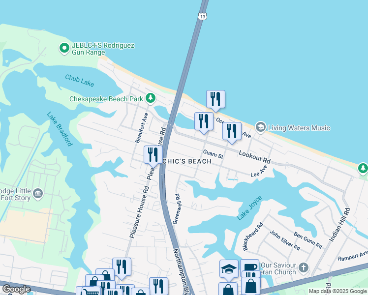 map of restaurants, bars, coffee shops, grocery stores, and more near 4633 Guam Street in Virginia Beach