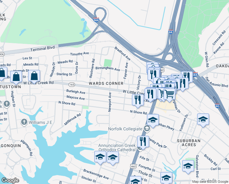 map of restaurants, bars, coffee shops, grocery stores, and more near 317 West Little Creek Road in Norfolk