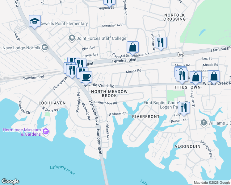 map of restaurants, bars, coffee shops, grocery stores, and more near 1504 Trouville Avenue in Norfolk