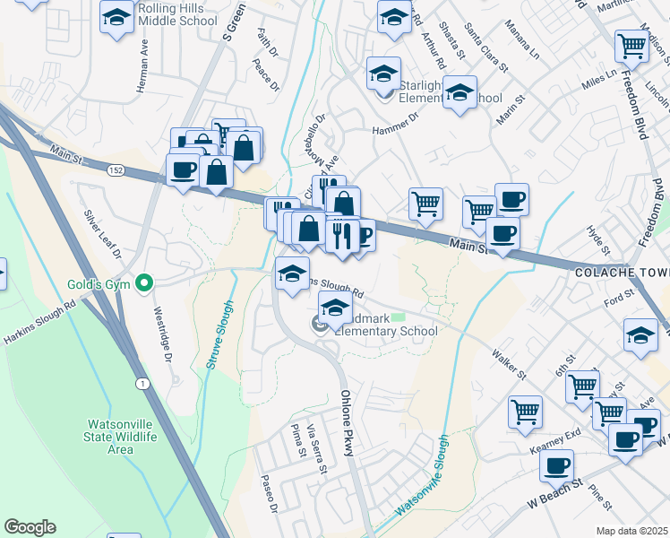 map of restaurants, bars, coffee shops, grocery stores, and more near 1445 Main Street in Watsonville