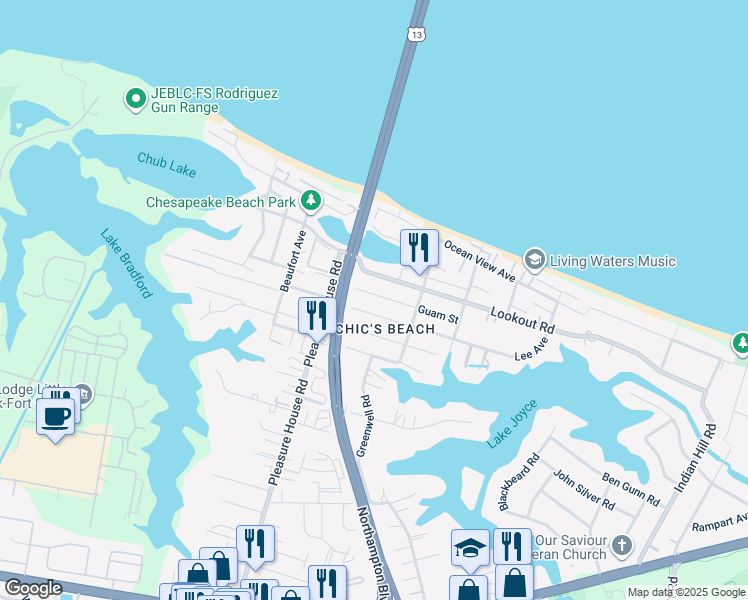 map of restaurants, bars, coffee shops, grocery stores, and more near 4637 Guam Street in Virginia Beach