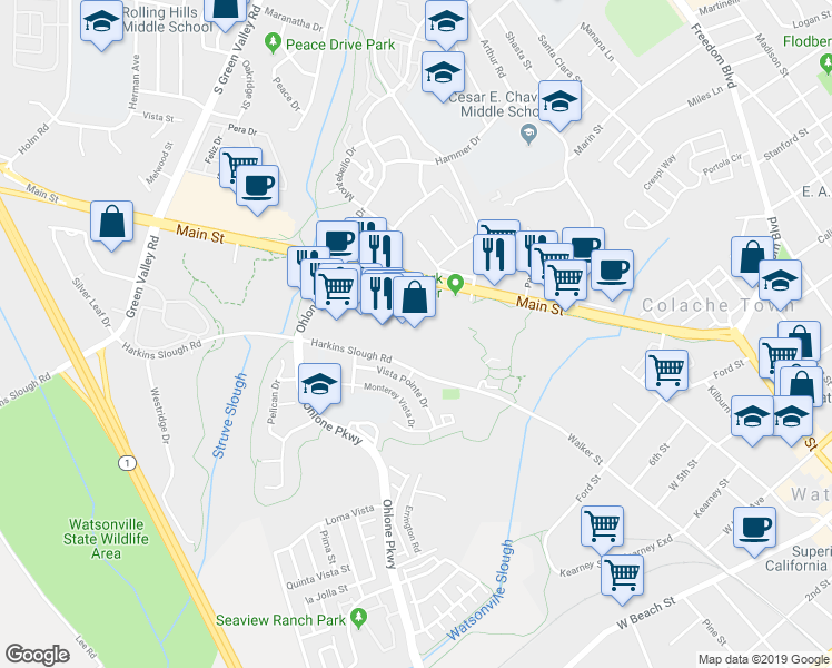 map of restaurants, bars, coffee shops, grocery stores, and more near 1415 Main Street in Watsonville