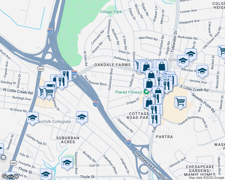 map of restaurants, bars, coffee shops, grocery stores, and more near in Norfolk