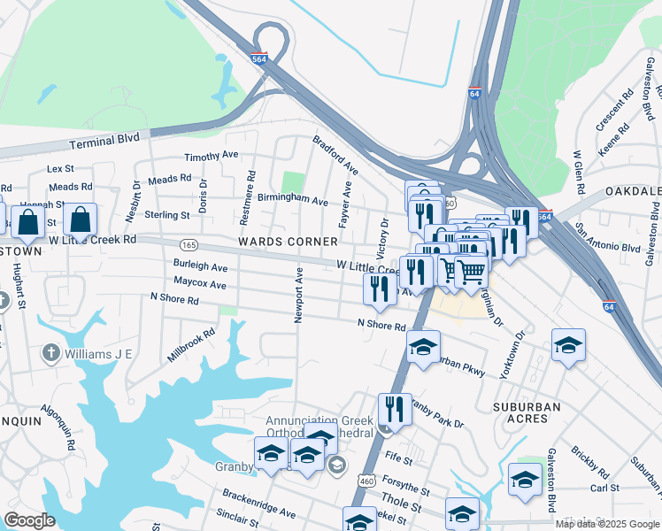 map of restaurants, bars, coffee shops, grocery stores, and more near 311 West Little Creek Road in Norfolk