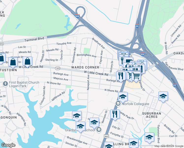 map of restaurants, bars, coffee shops, grocery stores, and more near 311 West Little Creek Road in Norfolk