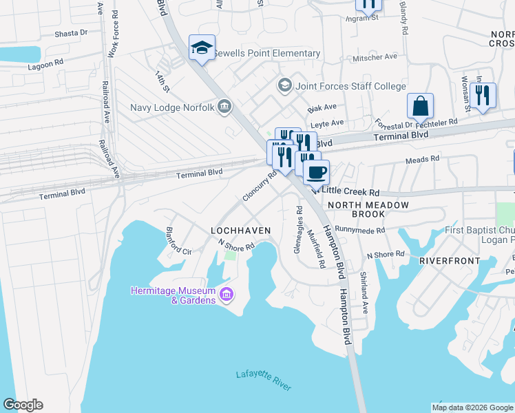 map of restaurants, bars, coffee shops, grocery stores, and more near 1319 Daniel Avenue in Norfolk