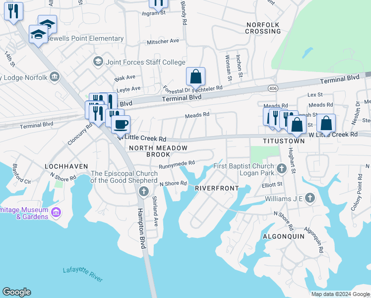 map of restaurants, bars, coffee shops, grocery stores, and more near 1420 Trouville Avenue in Norfolk