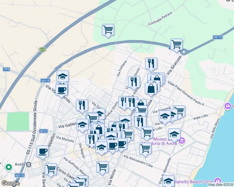 map of restaurants, bars, coffee shops, grocery stores, and more near 4 Piazza San Sebastiano in Avola