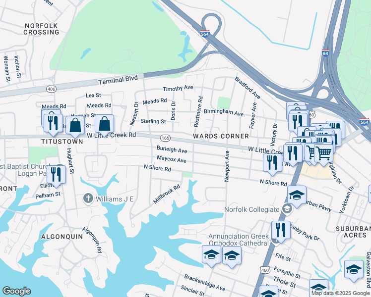 map of restaurants, bars, coffee shops, grocery stores, and more near 504 Burleigh Avenue in Norfolk