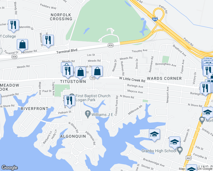 map of restaurants, bars, coffee shops, grocery stores, and more near 625 Burleigh Avenue in Norfolk