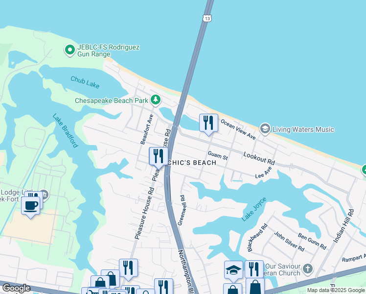 map of restaurants, bars, coffee shops, grocery stores, and more near 4641 Guam Street in Virginia Beach