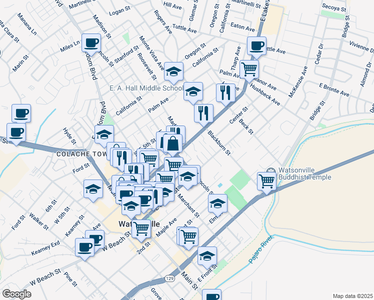 map of restaurants, bars, coffee shops, grocery stores, and more near 300 East Lake Avenue in Watsonville