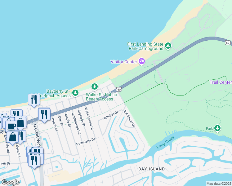 map of restaurants, bars, coffee shops, grocery stores, and more near 2577 Shore Drive in Virginia Beach