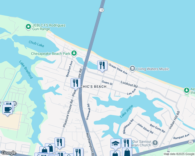 map of restaurants, bars, coffee shops, grocery stores, and more near 4601A Guam Street in Virginia Beach