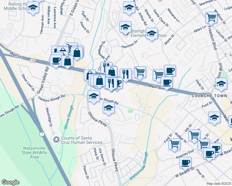 map of restaurants, bars, coffee shops, grocery stores, and more near 1415 Main Street in Watsonville